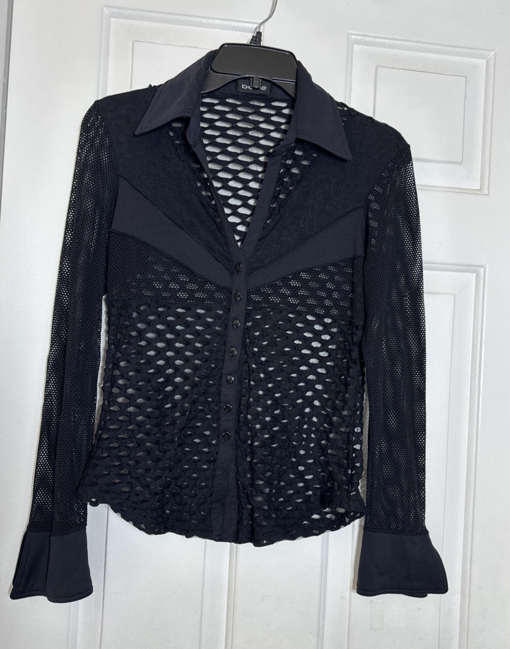 VTG Y2K Bebe Black Mesh/Lace Button Down Top Stretch Whimsigoth Boho Grunge M